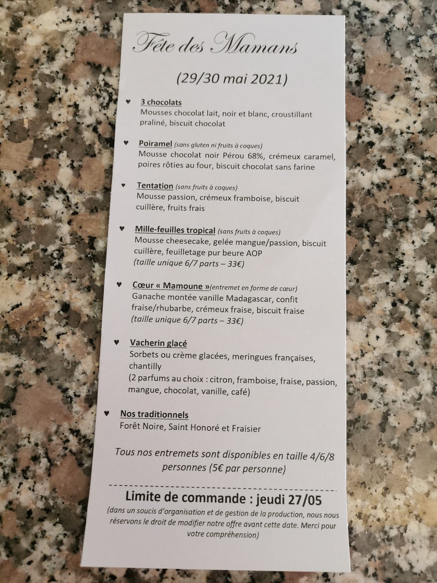 Pâtisserie Arnaud Zussy - Menu Fête des Mamans